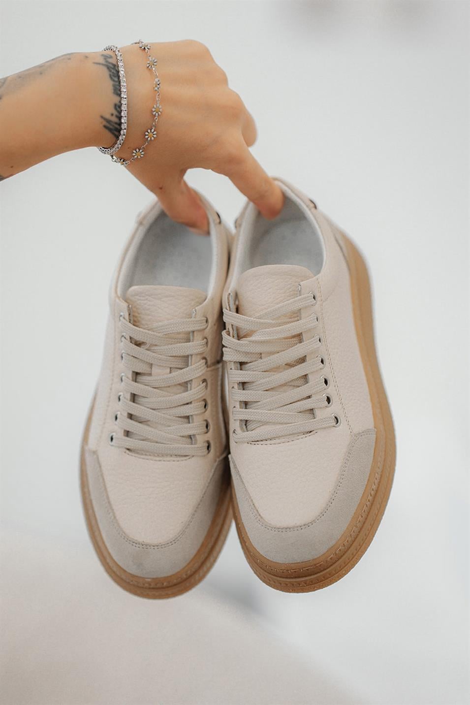 Monar Kadın Bağcıklı Hakiki Deri Sneakers Bej
