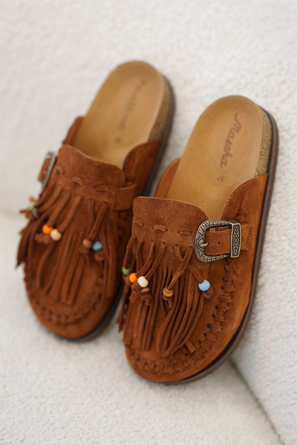 Samuel Kadın Püsküllü Önü Kapalı Hakiki Deri Terlik Taba