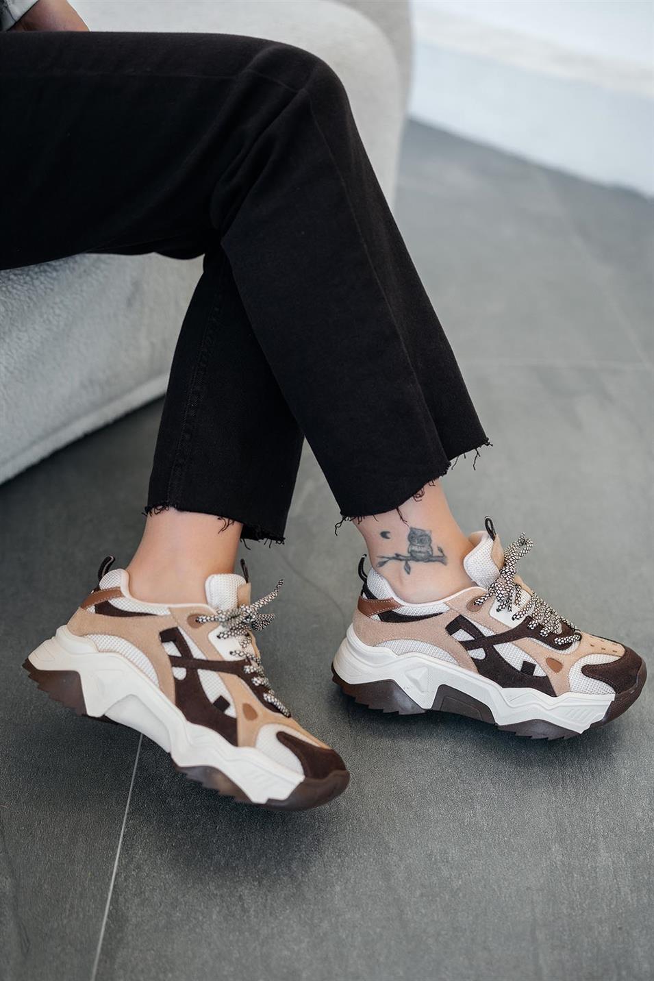 Tona Kadın Kalın Tabanlı Bağcıklı Sneakers Kahve