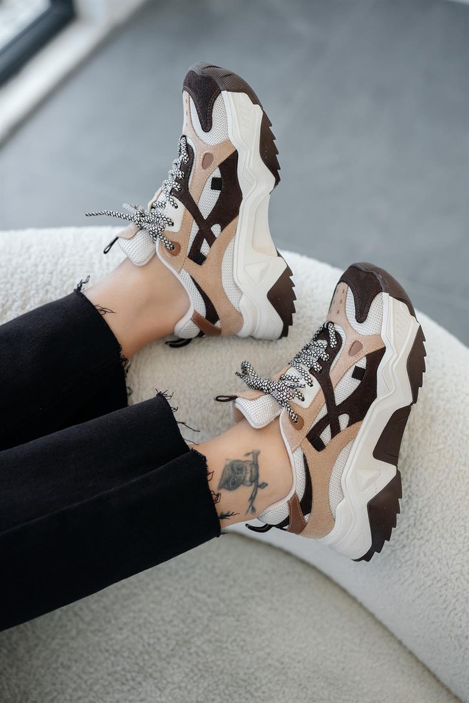 Tona Kadın Kalın Tabanlı Bağcıklı Sneakers Kahve