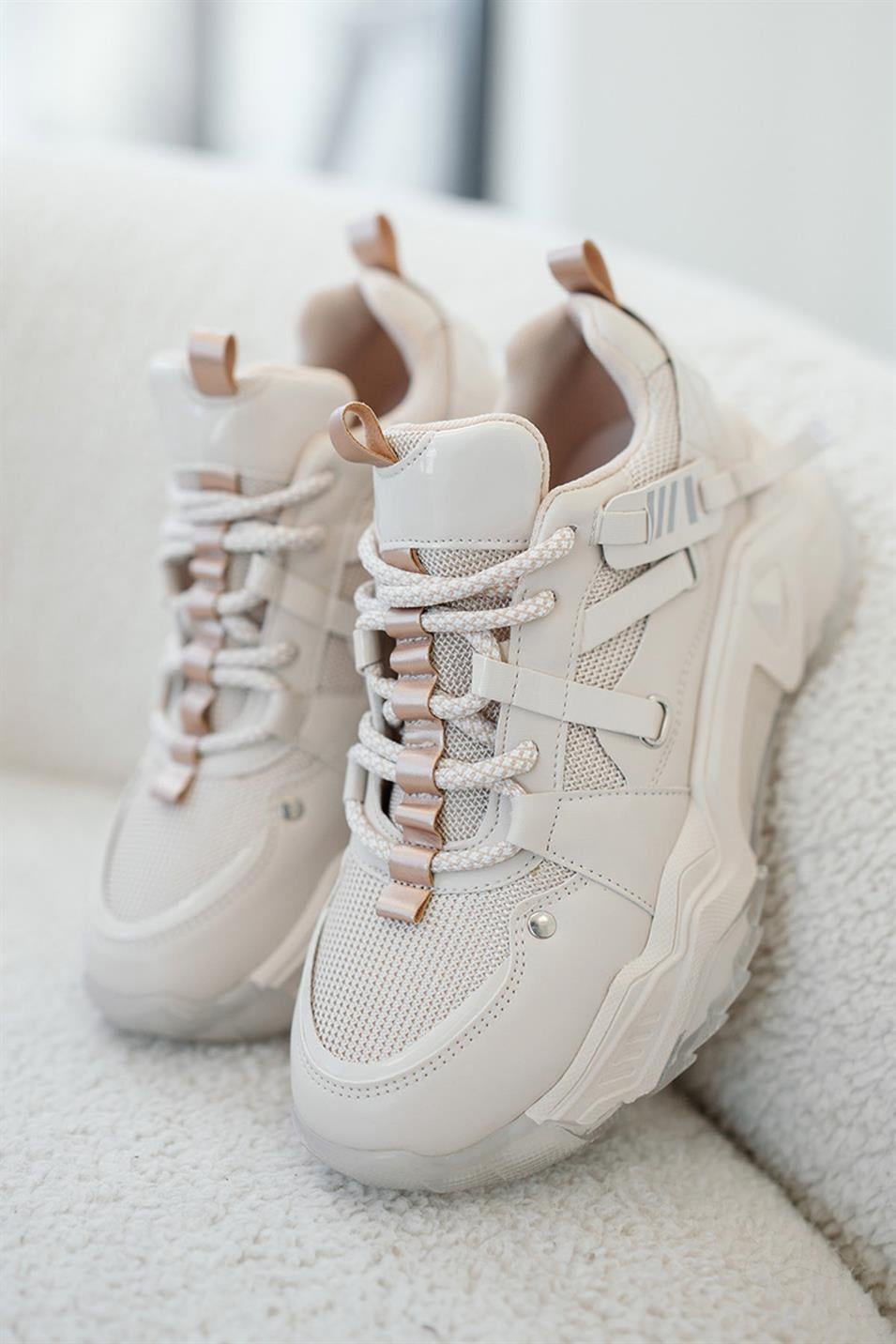 Trow Kadın Bağcıklı Kalın Tabanlı Sneakers Bej