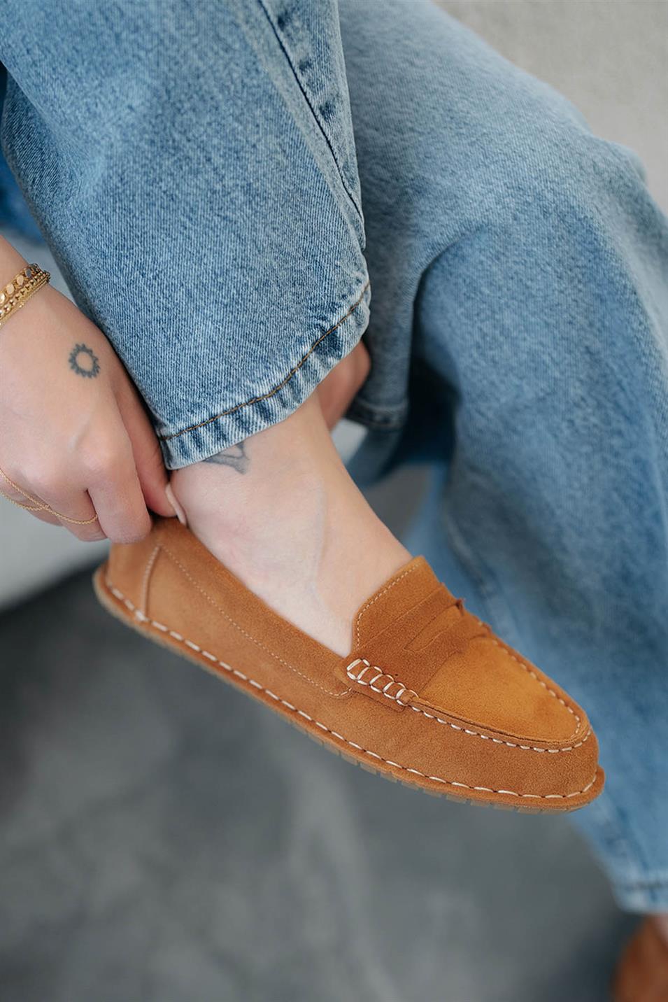 Usher Kadın Hakiki Süet Loafer Ayakkabı Taba