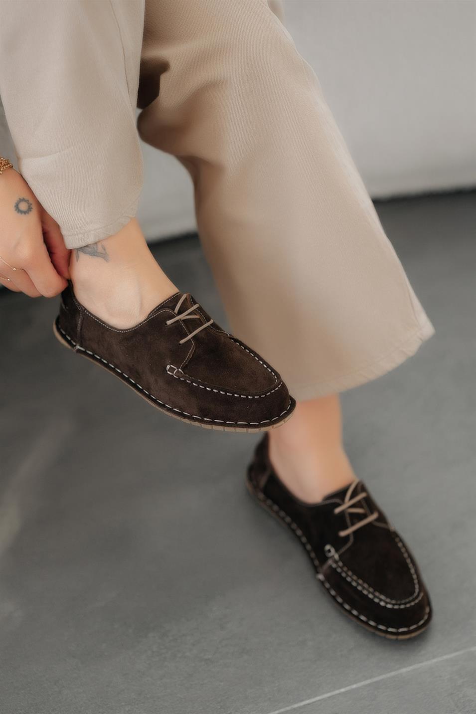Wella Kadın Bağcıklı Hakiki Süet Loafer Ayakkabı Kahverengi