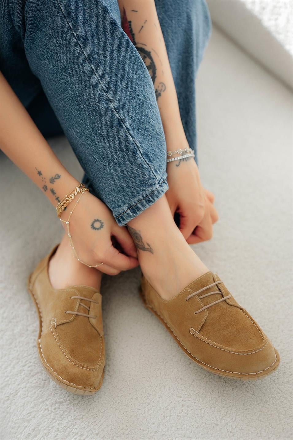 Wella Kadın Bağcıklı Hakiki Süet Loafer Ayakkabı Camel