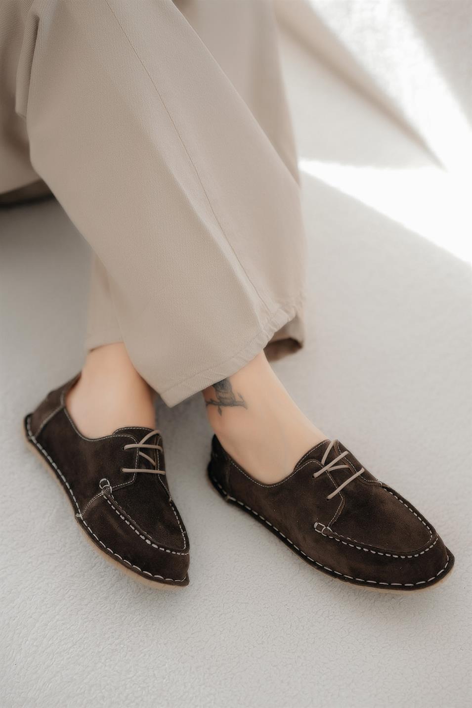 Wella Kadın Bağcıklı Hakiki Süet Loafer Ayakkabı Kahverengi