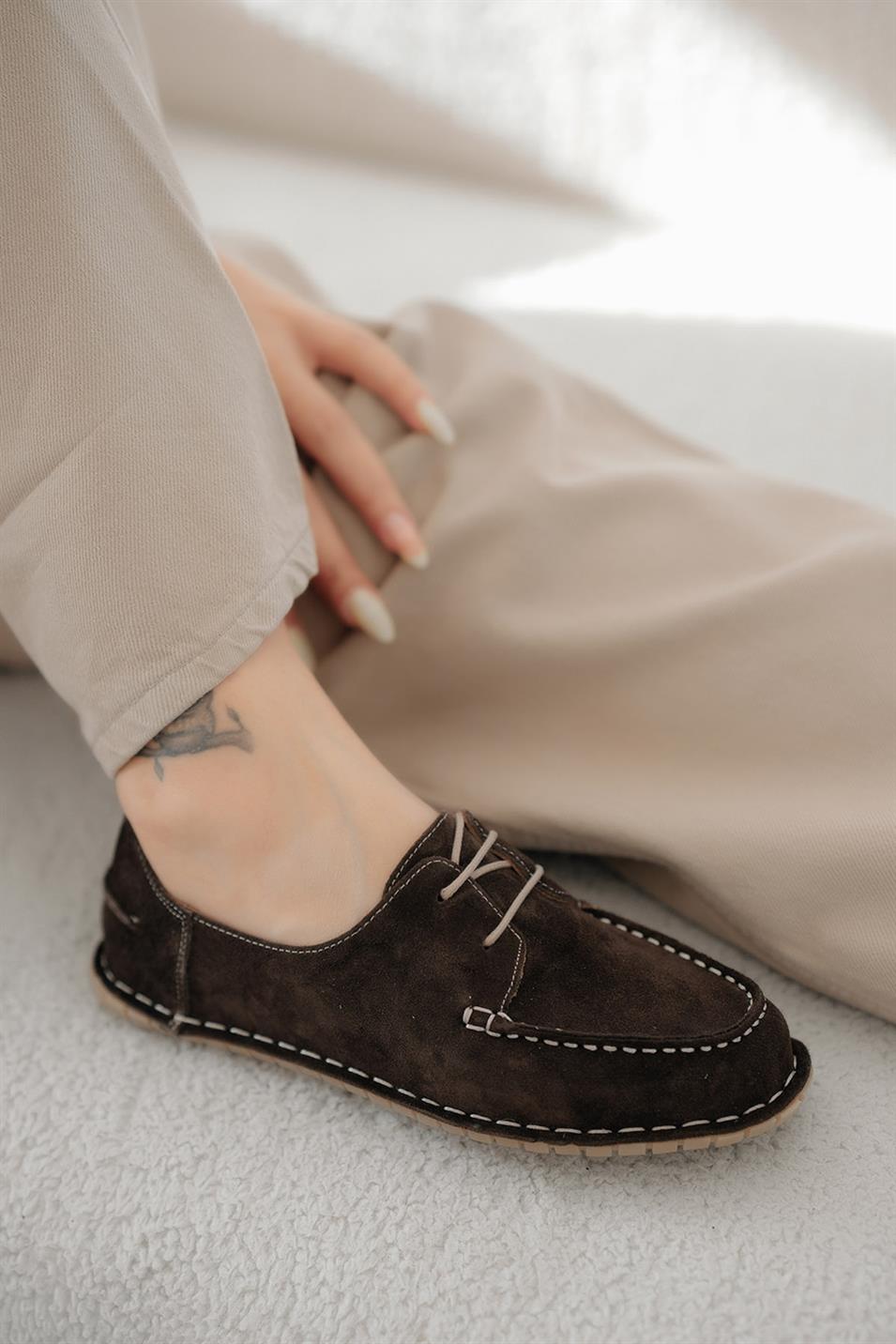 Wella Kadın Bağcıklı Hakiki Süet Loafer Ayakkabı Kahverengi