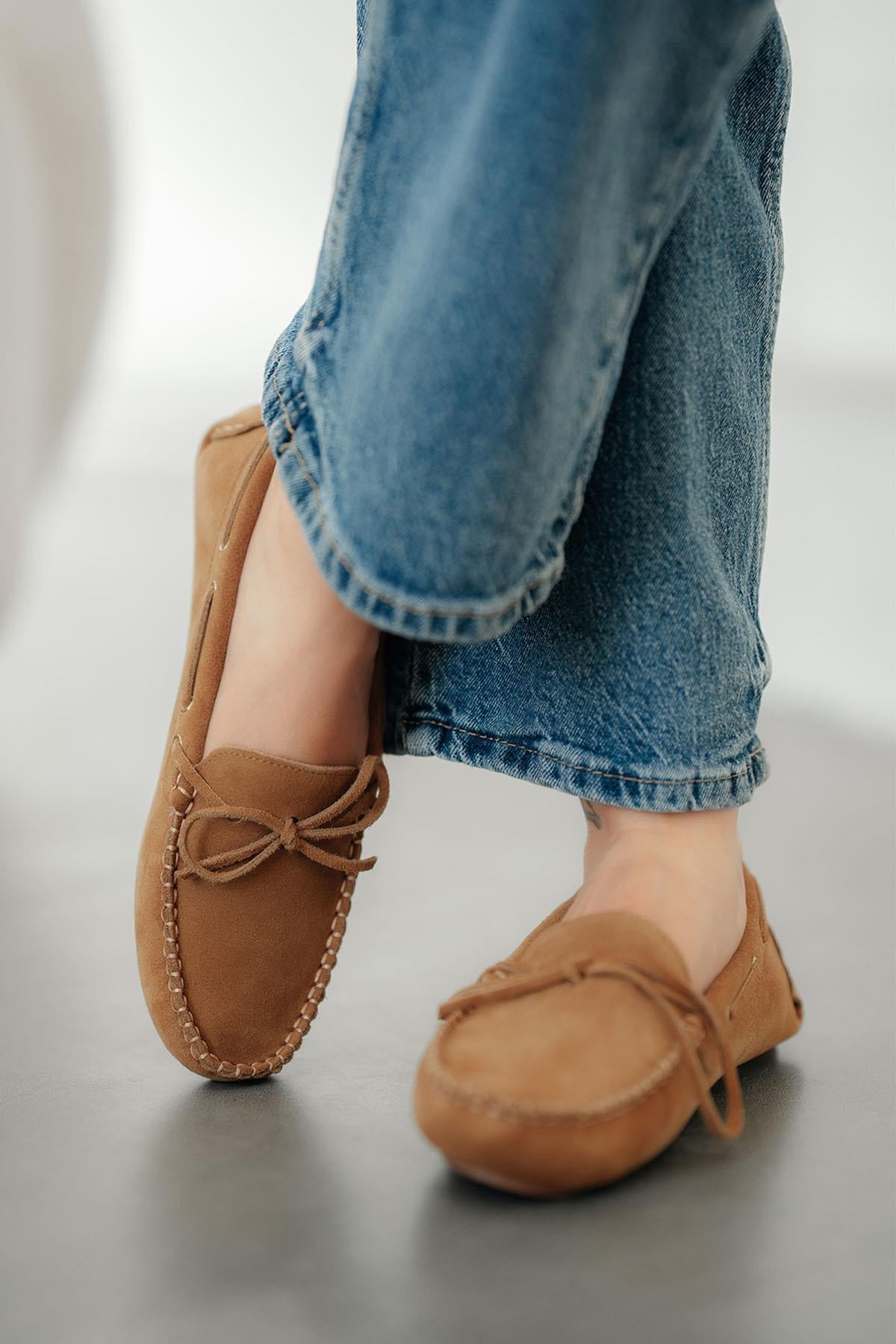 Alisa Kadın Hakiki Süet Deri Loafer Ayakkabı Camel