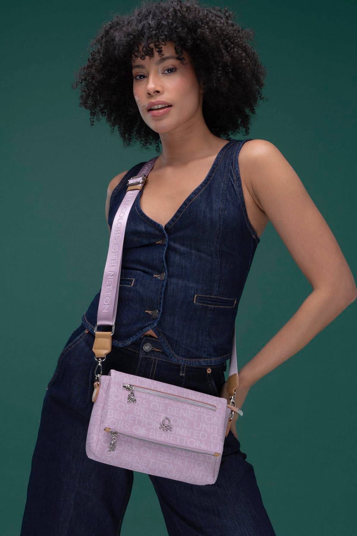 Benetton 1282 Kadın Deri Çapraz Çanta Lila Camel