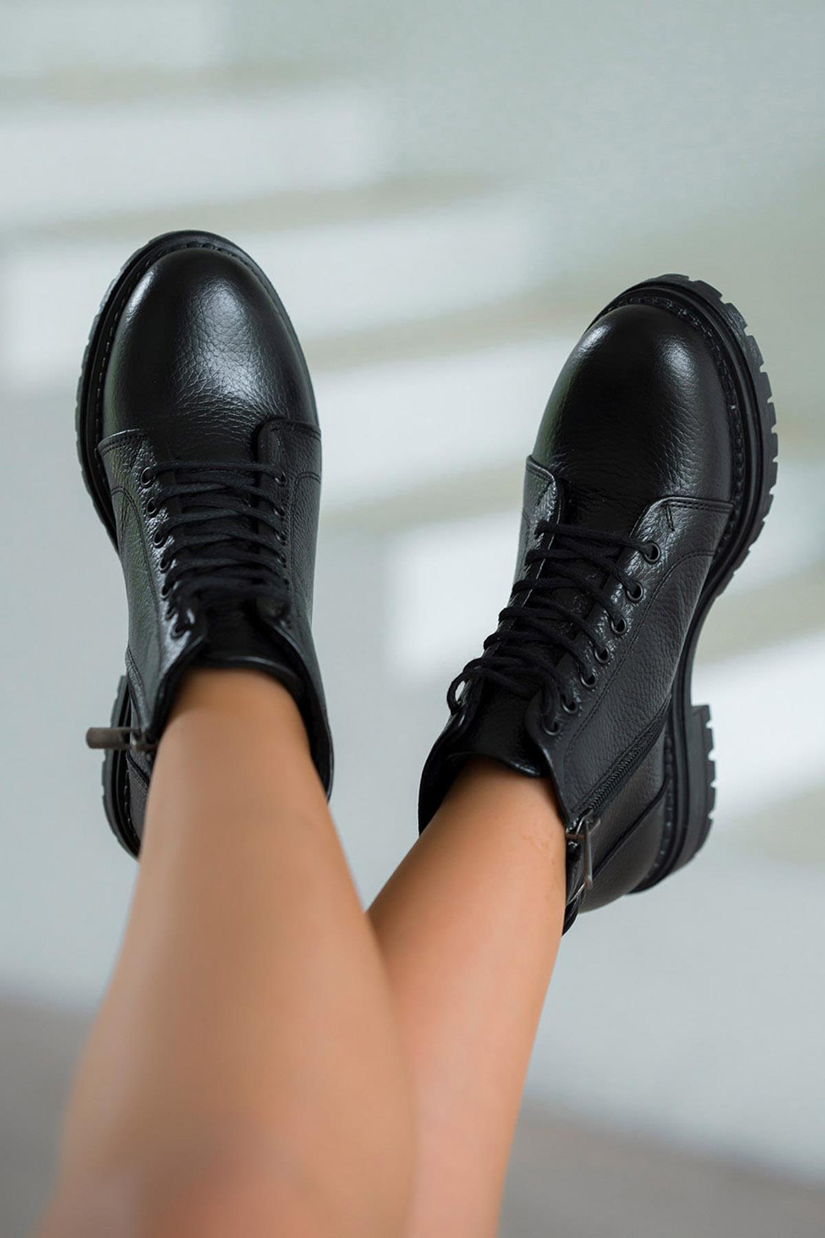 Drop Fermuarlı Kadın Hakiki Deri Bot Siyah