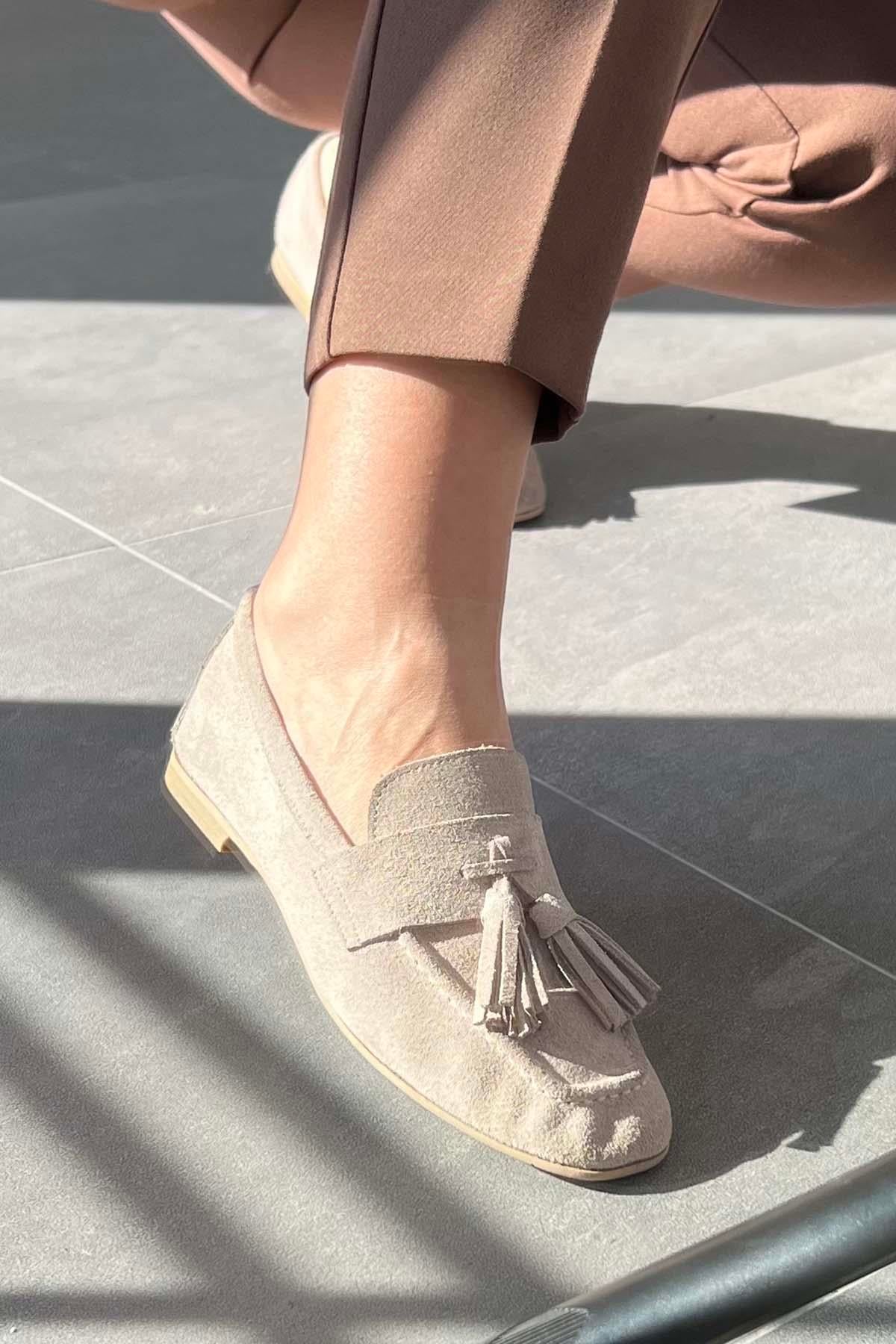 Holly Kadın Püsküllü Hakiki Süet Deri Loafer Ayakkabı Bej