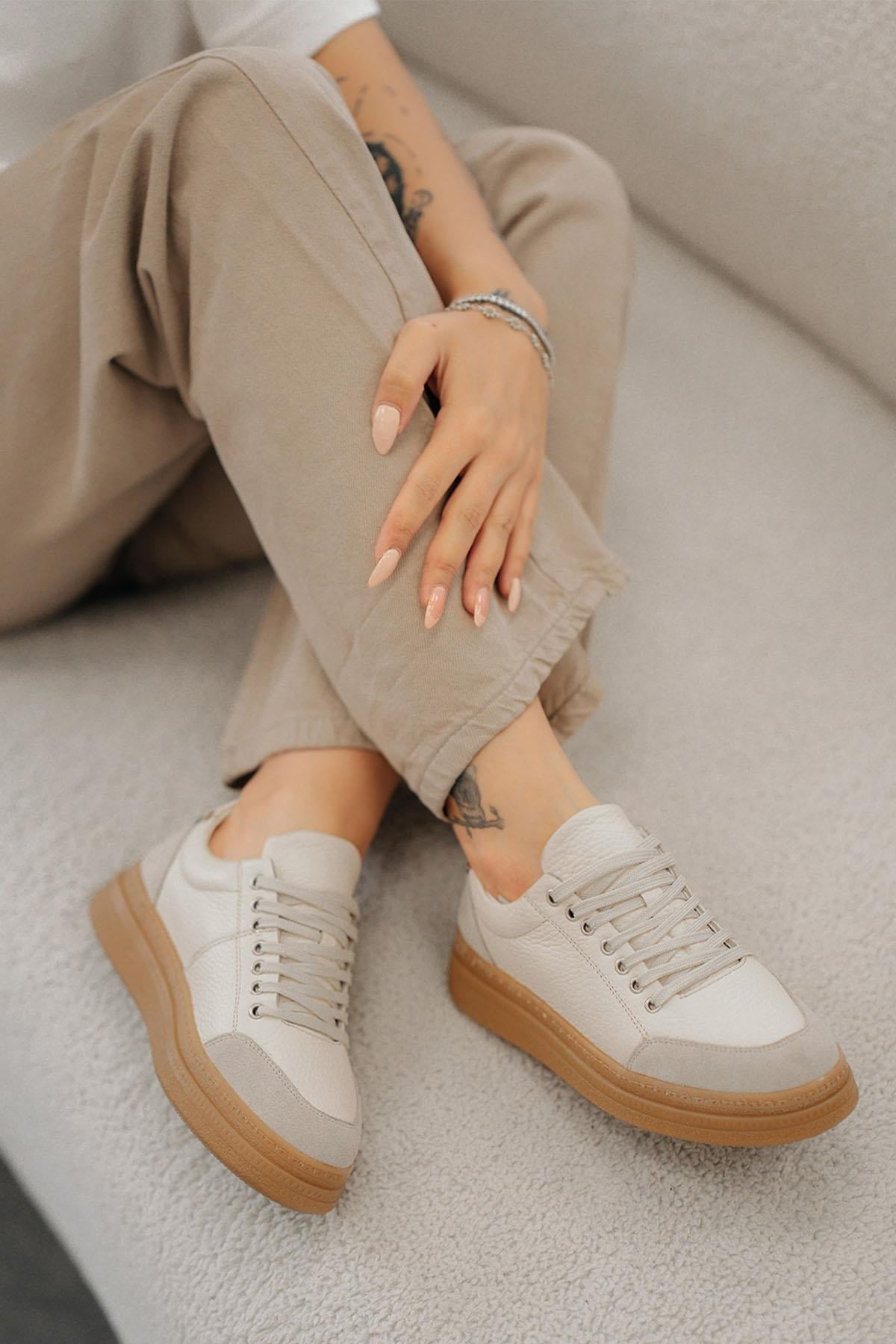 Monar Kadın Bağcıklı Hakiki Deri Sneakers Bej