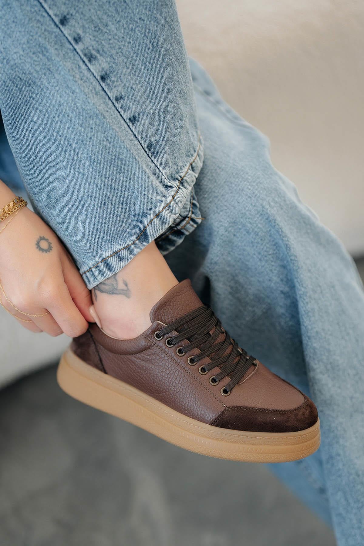 Monar Kadın Bağcıklı Hakiki Deri Sneakers Kahverengi