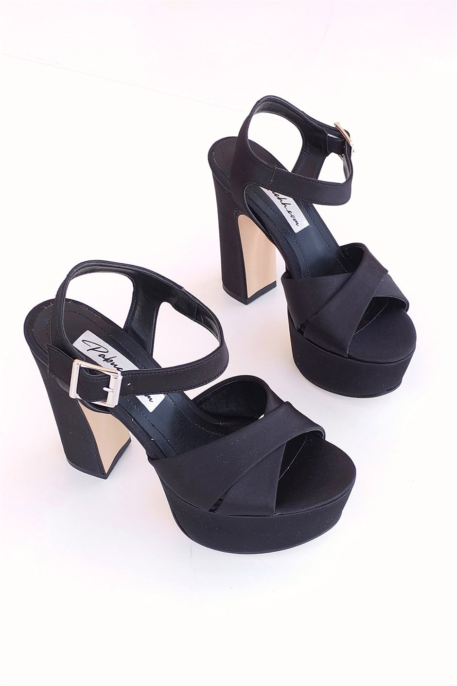 Rosa Kadın Saten Çapraz Bantlı Platform Topuklu Ayakkabı Siyah | Pabuchh.com