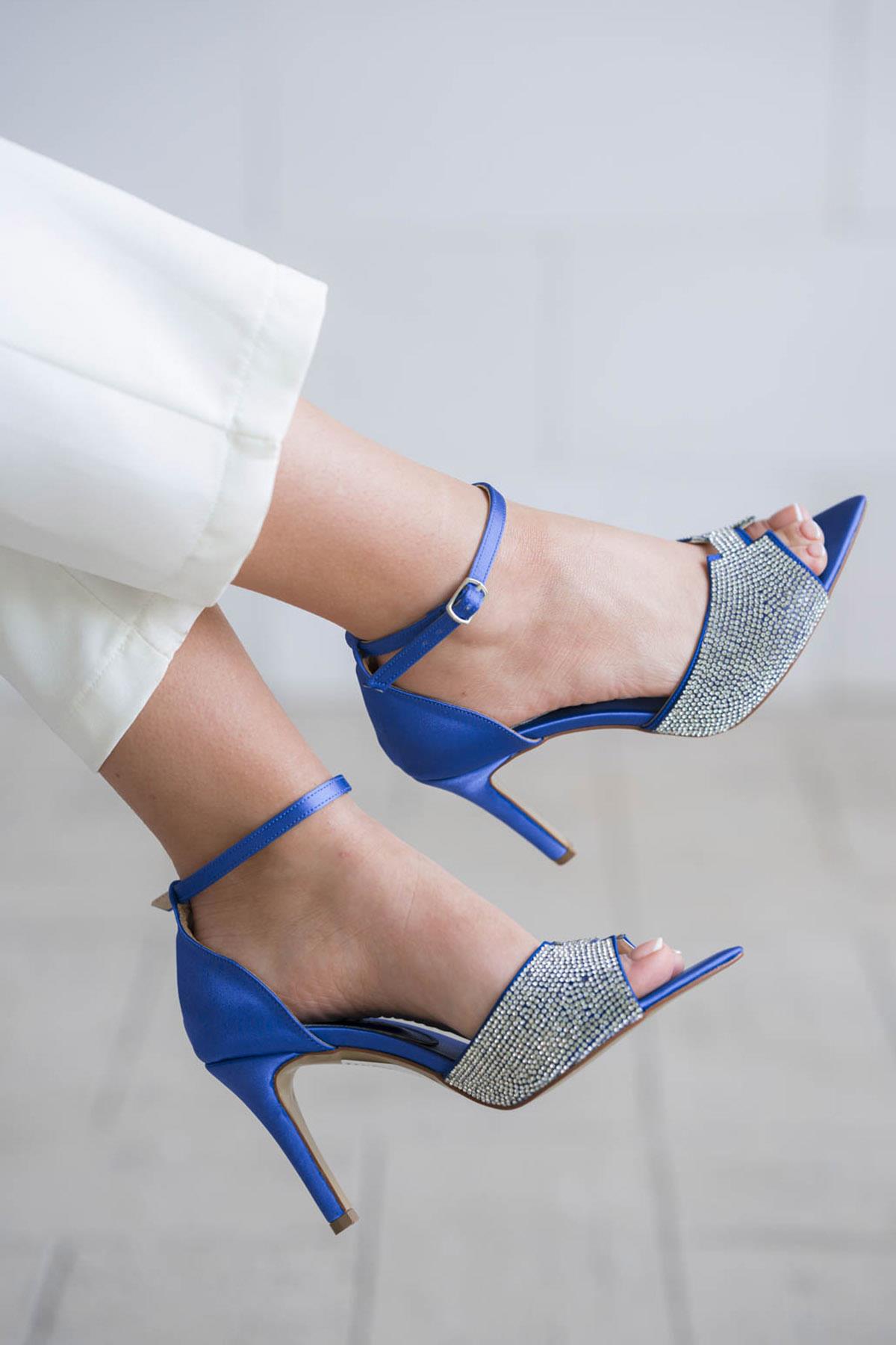 Shake Kadın Ucu Açık Taşlı Saten Ayakkabı Saks Mavi | Pabuchh.com