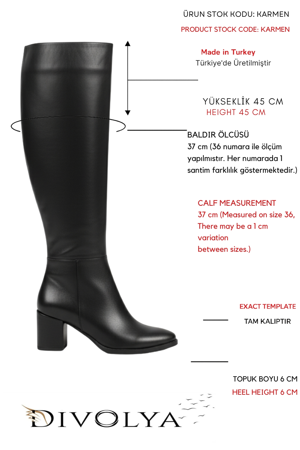 Karmen Siyah Deri (6 cm Topuklu) Yanı Fermuarlı Günlük Kullanım Çizme