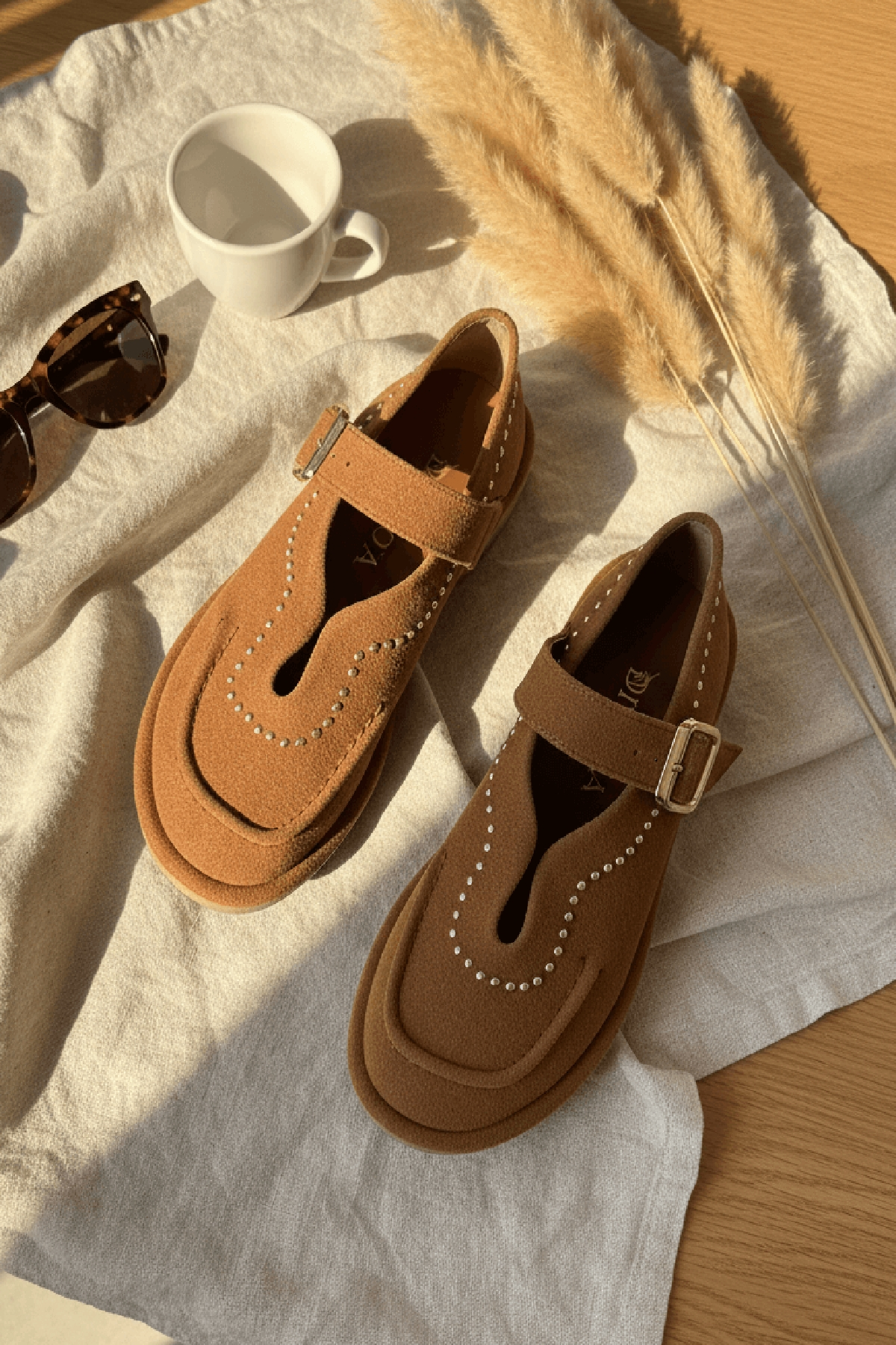Naty Taba Süet Zımbalı ( 2 cm Topuklu ) Yuvarlak Burunlu Zımba Detaylı Loafer Ayakkabı