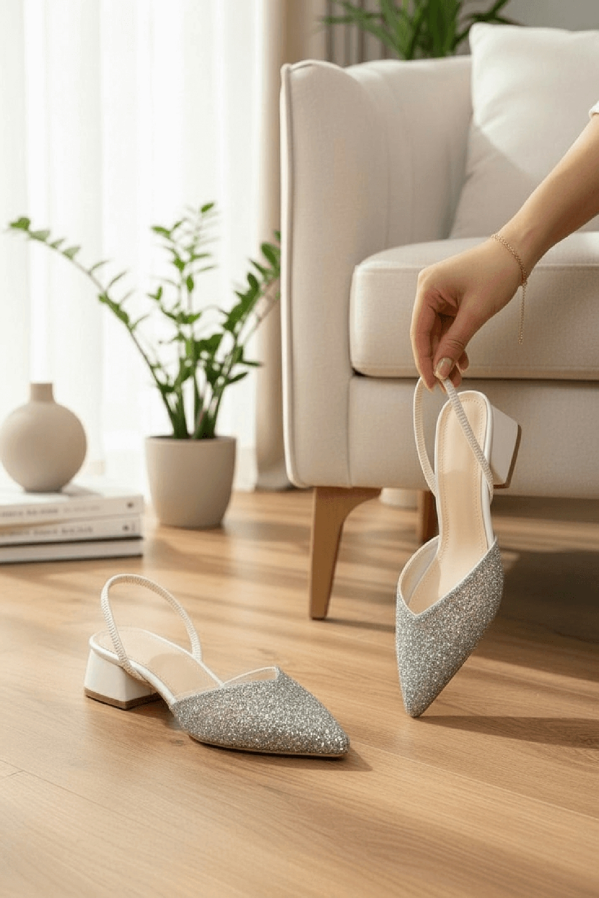 Taylor Beyaz Taşlı Bakılı (4 cm) Sivri Burun Topuklu Ayakkabı