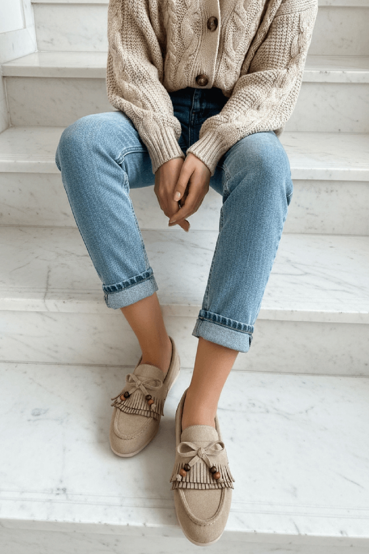 Tiamo Bej Süet Boncuk Detaylı Babet Ayakkabı
