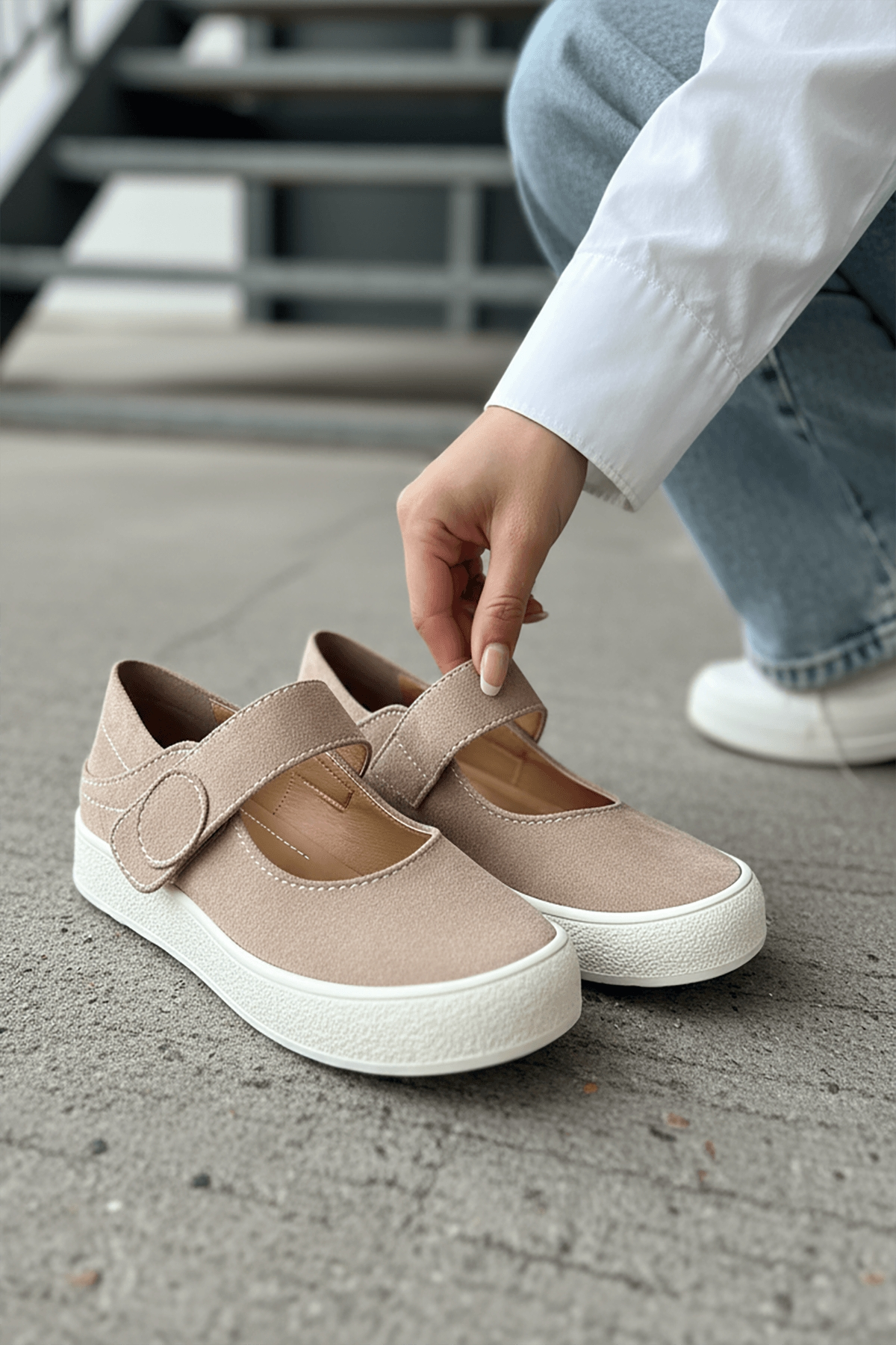 Varius Bej Süet ( 3 cm Topuklu ) Yuvarlak Burunlu  Detaylı Loafer Ayakkabı