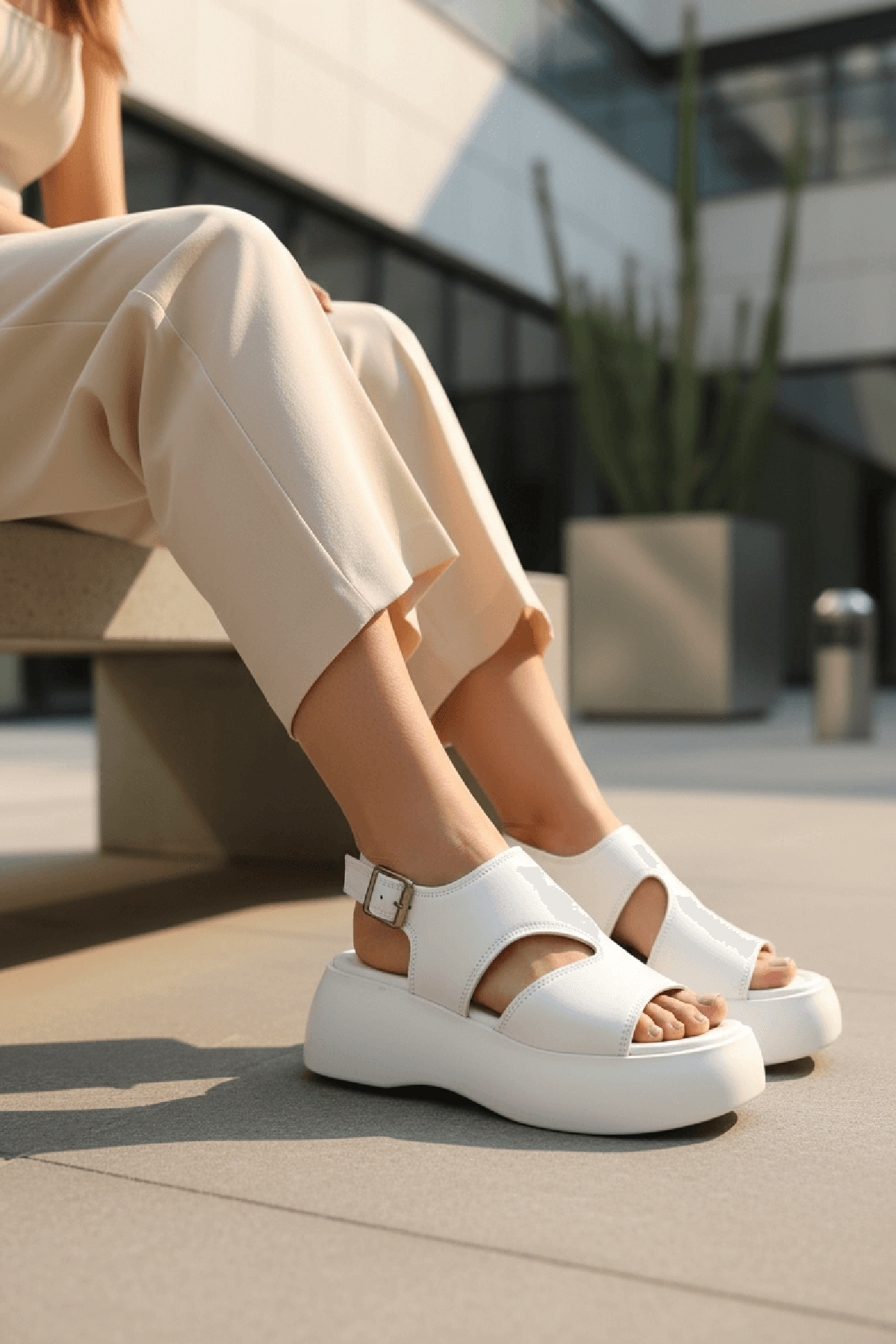 Zango Beyaz Platform ( 6 Cm Topuklu ) Yuvarlak Burun Günlük Sandalet