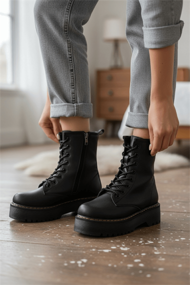 Armoni Siyah Cilt Kalın Tabanlı Kadın Günlük Postal