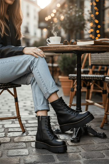 Armoni Siyah Cilt Kalın Tabanlı Kadın Günlük Postal