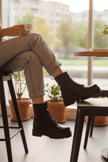 Armoni Siyah Cilt Kalın Tabanlı Kadın Günlük Postal