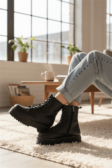 Armoni Siyah Cilt Kalın Tabanlı Kadın Günlük Postal