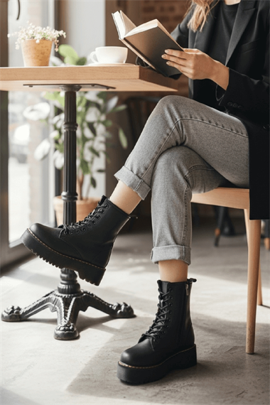 Armoni Siyah Cilt Kalın Tabanlı Kadın Günlük Postal