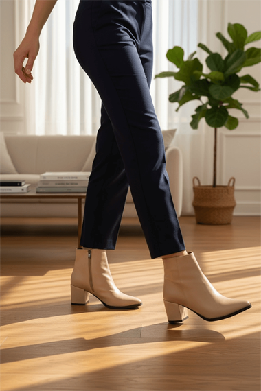 Asper Bej Deri ( 6 cm Topuklu ) Günlük Kullanım Kadın Botu