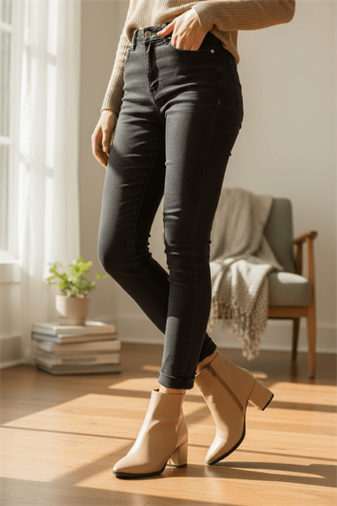 Asper Bej Deri ( 6 cm Topuklu ) Günlük Kullanım Kadın Botu