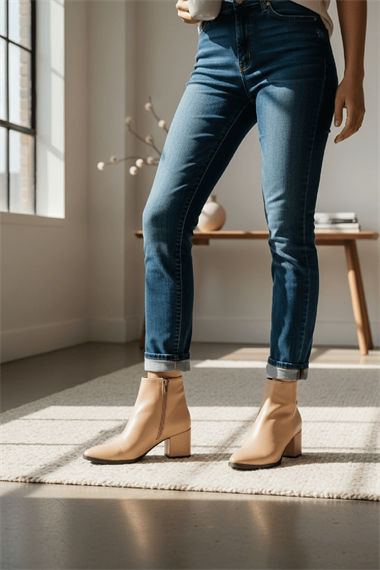 Asper Bej Deri ( 6 cm Topuklu ) Günlük Kullanım Kadın Botu