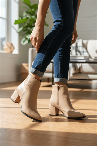 Asper Bej Deri ( 6 cm Topuklu ) Günlük Kullanım Kadın Botu