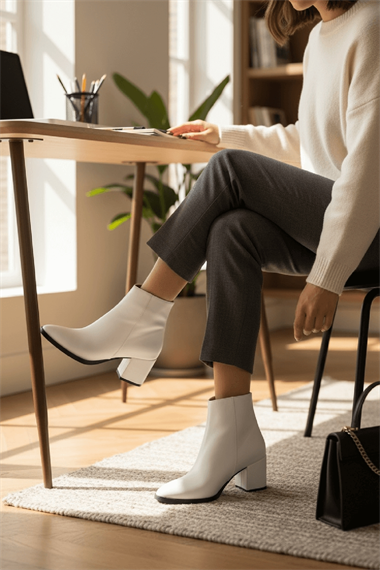 Asper Beyaz Deri Topuklu Günlük Kullanım Kadın Botu