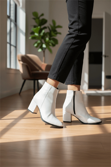 Asper Beyaz Deri Topuklu Günlük Kullanım Kadın Botu
