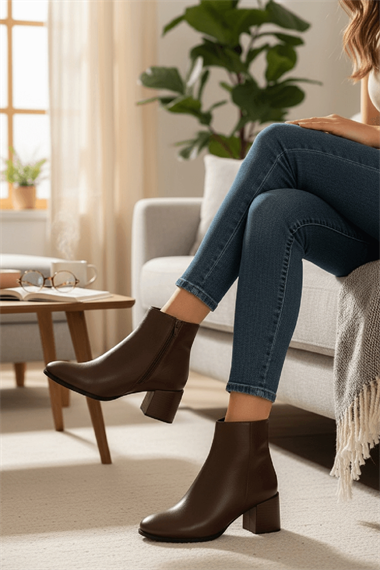 Asper Kahverengi Deri ( 5 cm Topuklu ) Günlük Kullanım Kadın Botu