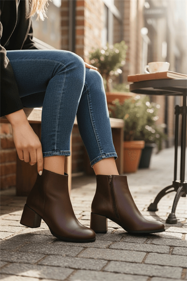 Asper Kahverengi Deri ( 5 cm Topuklu ) Günlük Kullanım Kadın Botu