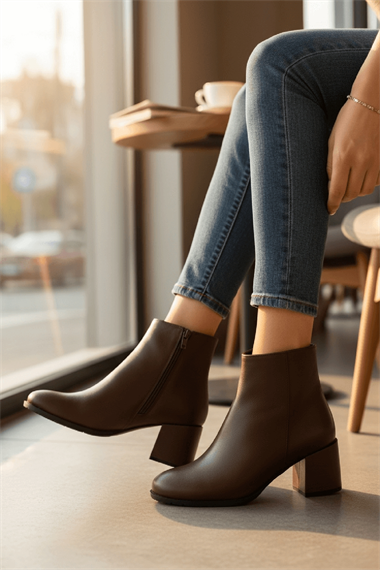 Asper Kahverengi Deri ( 5 cm Topuklu ) Günlük Kullanım Kadın Botu