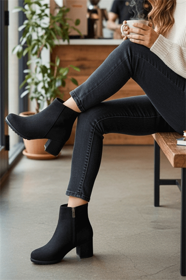 Asper Siyah Süet Topuklu Günlük Kullanım Kadın Botu