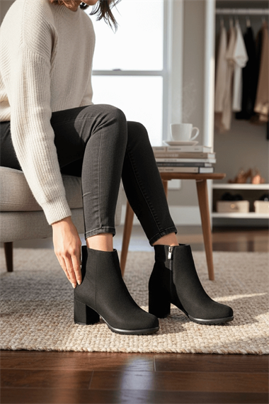 Asper Siyah Süet Topuklu Günlük Kullanım Kadın Botu