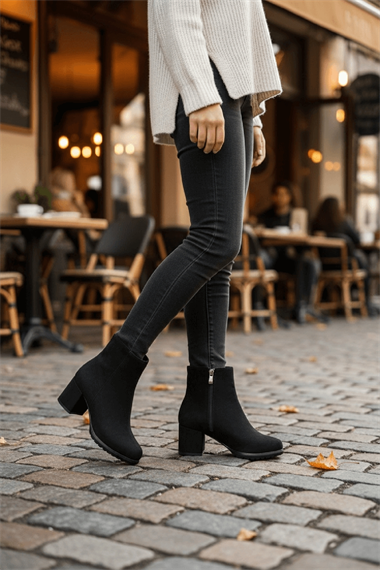 Asper Siyah Süet Topuklu Günlük Kullanım Kadın Botu