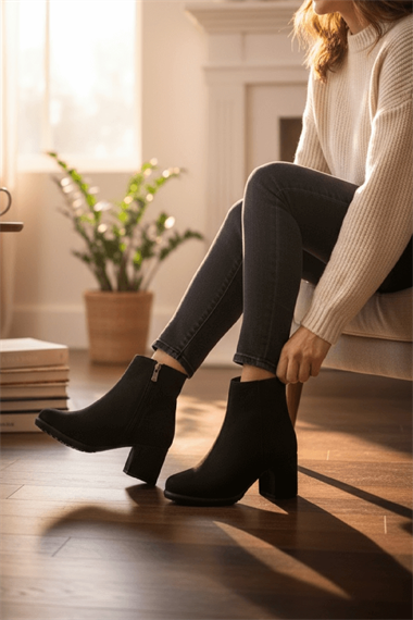 Asper Siyah Süet Topuklu Günlük Kullanım Kadın Botu