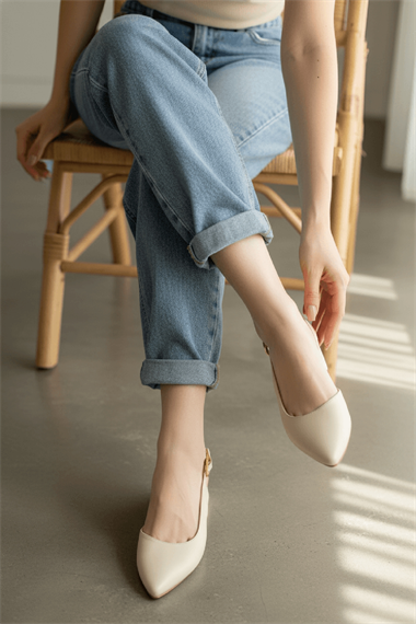 Aura Bej Yanı Tokalı (4 cm Topuk Boyu ) Sivri Burun Topuklu Babet Ayakkabı