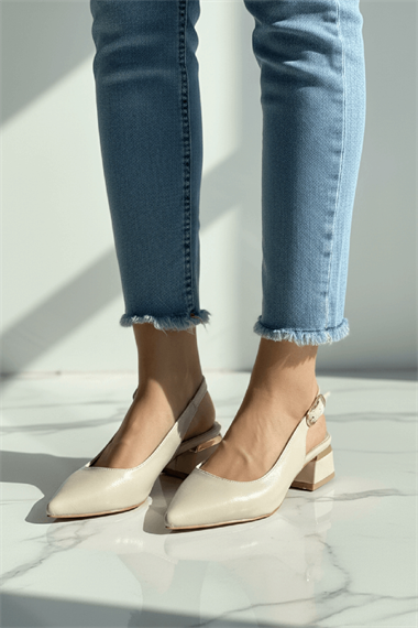 Aylov Bej Kırışık Rugan (4 cm Topuk Boyu ) Sivri Burun Topuklu Babet Ayakkabı