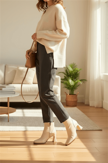 Barelle Bej Önü Dikişli (8 cm Topuklu ) Küt Burun Topuklu Bot