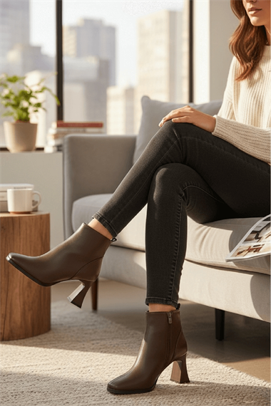 Barelle Kahverengi Önü Dikişli (8 cm Topuklu ) Küt Burun Topuklu Bot