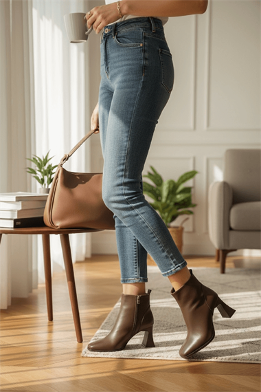 Barelle Kahverengi Önü Dikişli (8 cm Topuklu ) Küt Burun Topuklu Bot