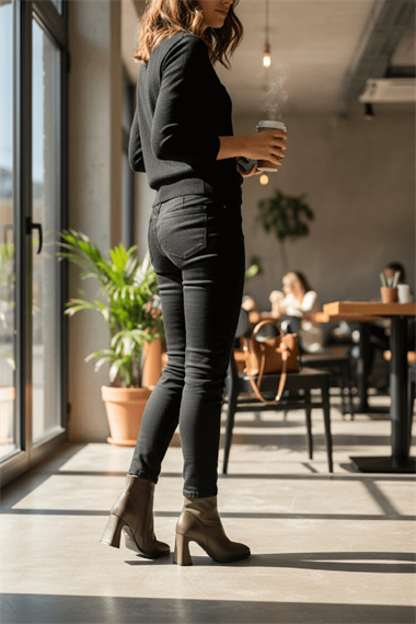 Barelle Kahverengi Önü Dikişli (8 cm Topuklu ) Küt Burun Topuklu Bot