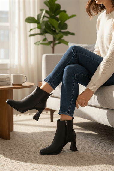 Barelle Siyah Önü Dikişli (8 cm Topuklu ) Küt Burun Topuklu Bot