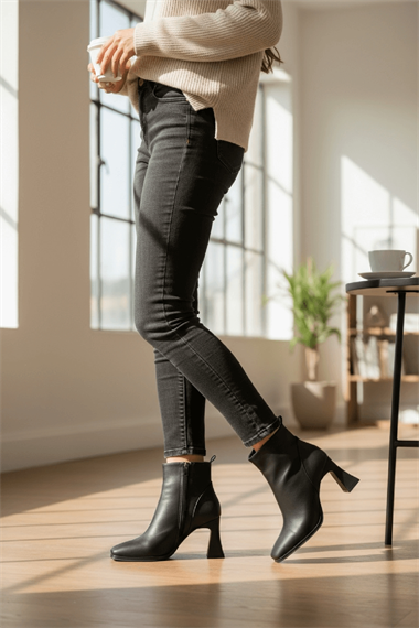 Barelle Siyah Önü Dikişli (8 cm Topuklu ) Küt Burun Topuklu Bot